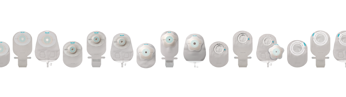 SenSura Mio products for inward, outward and flat areas around the stoma displayed next to each other